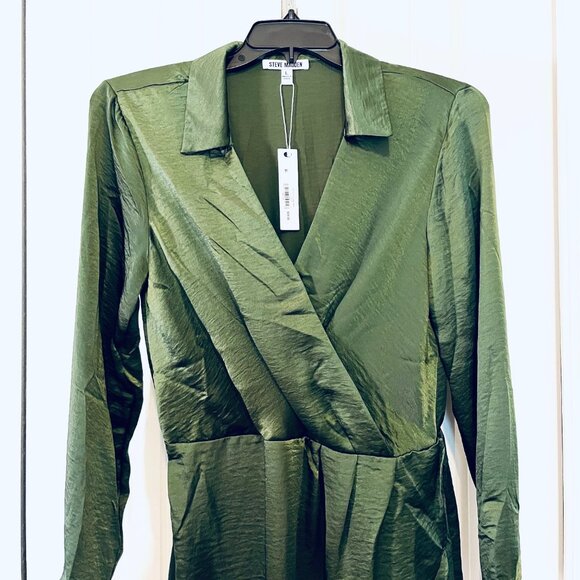 Steve Madden Washed Satin Faux Wrap Dress in Green (L) New with Tag - Picture 6 of 12